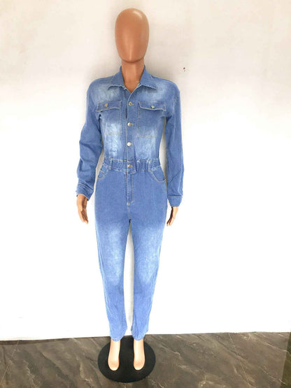 Women's Slim Elastic Band Washed Denim Jumpsuit