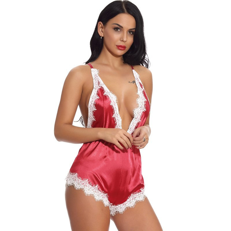 One Piece Pajamas Back Cutout out Sleepwear (Red)