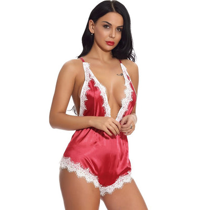 One Piece Pajamas Back Cutout out Sleepwear (Red)