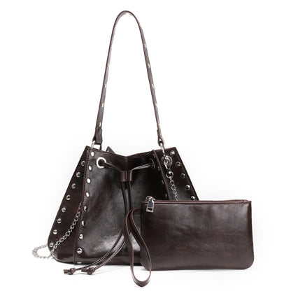 Simple Underarm Rivet Bucket Bag Retro Women's HandBag