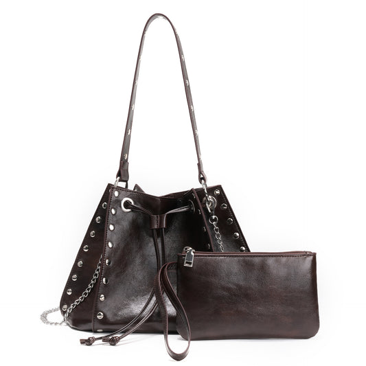 Simple Underarm Rivet Bucket Bag Retro Women's HandBag