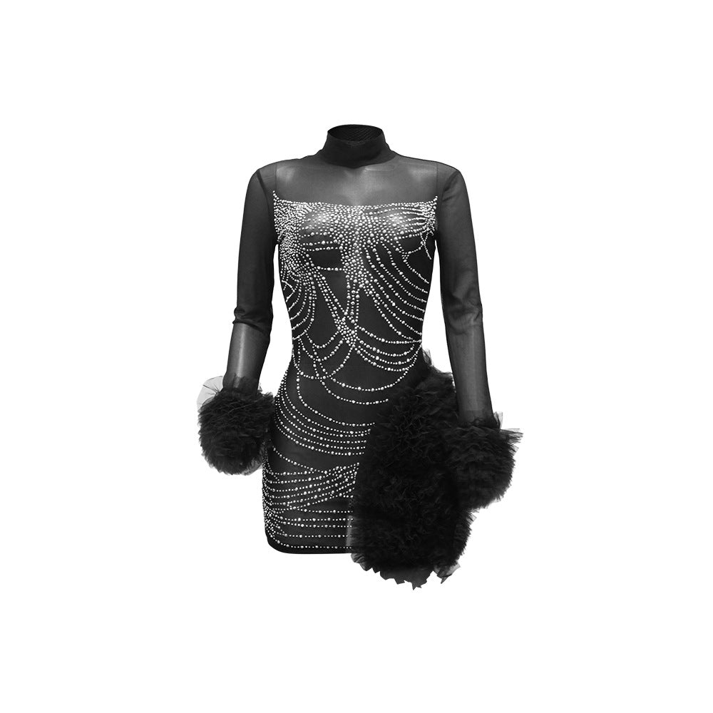 See through Rhinestone Sheath Long Sleeve Dress New Arrivals