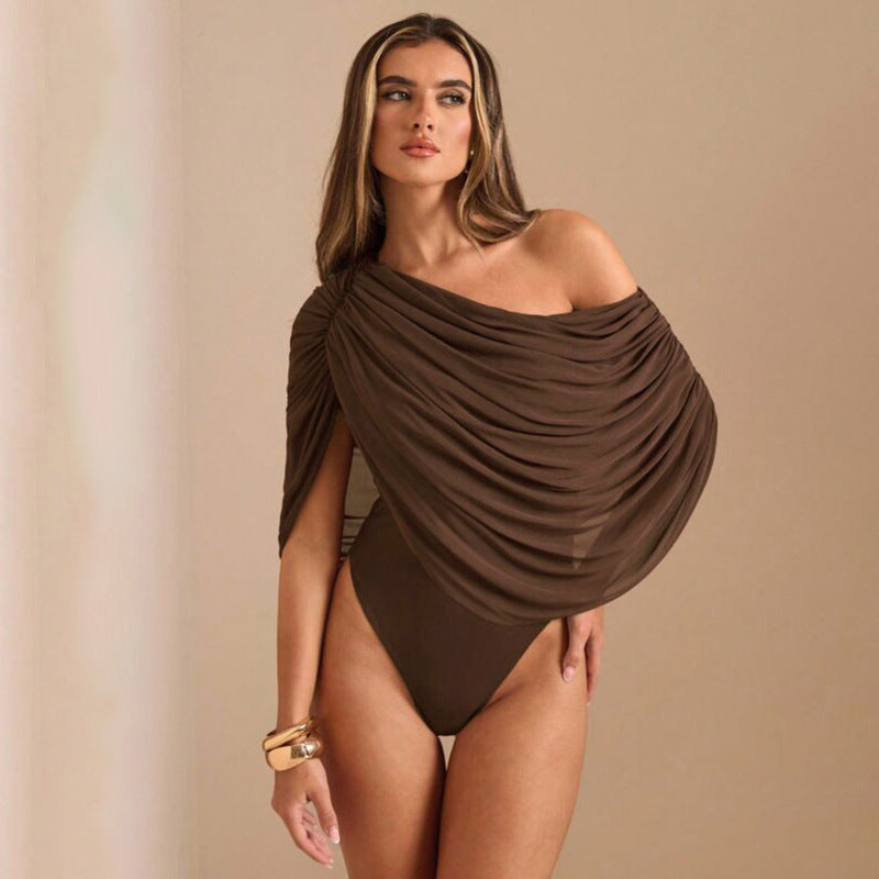 Pleated Sloping Shoulder Women's Elegant Bodysuit