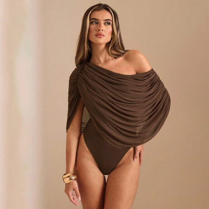 Pleated Sloping Shoulder Women's Elegant Bodysuit