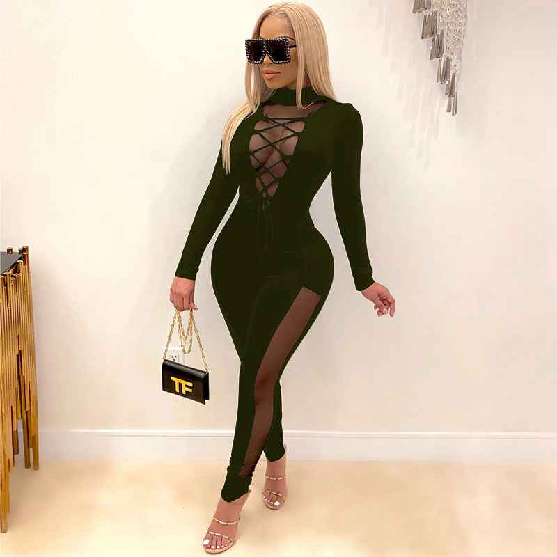 Sexy Lace Up Stitching See Through Long Sleeve Jumpsuit