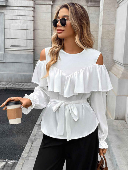 Elegant Long Sleeved Ruffled Off the Shoulder Lace Blouse