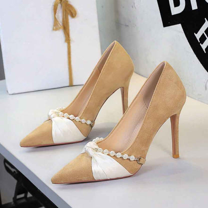 French Elegant Socialite Pearl Bow Pointed Low Cut Suede Stiletto Heel Pumps for Women