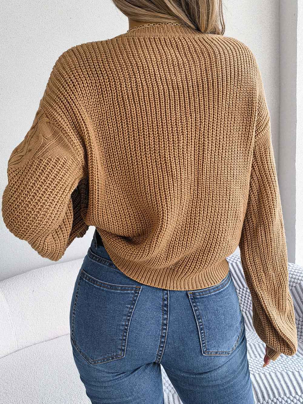 Casual Twist Patchwork Puff Sleeve Pullover Sweater
