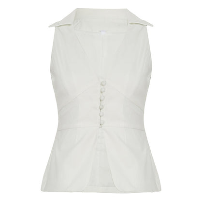 Polo Collar Solid Color V neck Sleeveless Blouse
