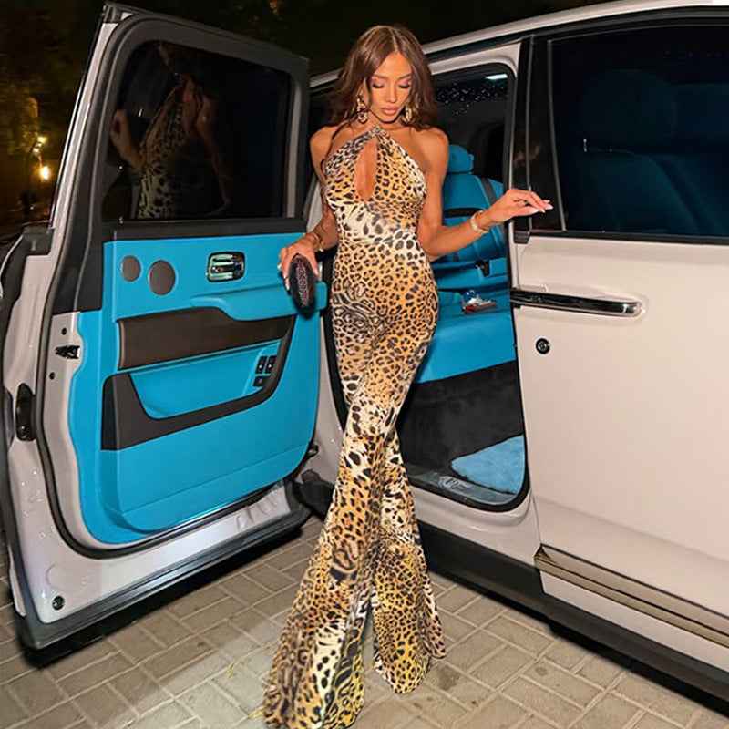 Leopard Print Sexy Cross Halter Cutout out Bare Back Jumpsuit