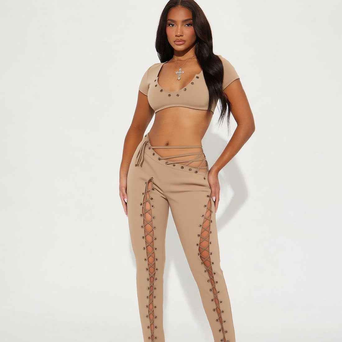 Street Lace up Jumpsuit Two Piece Set