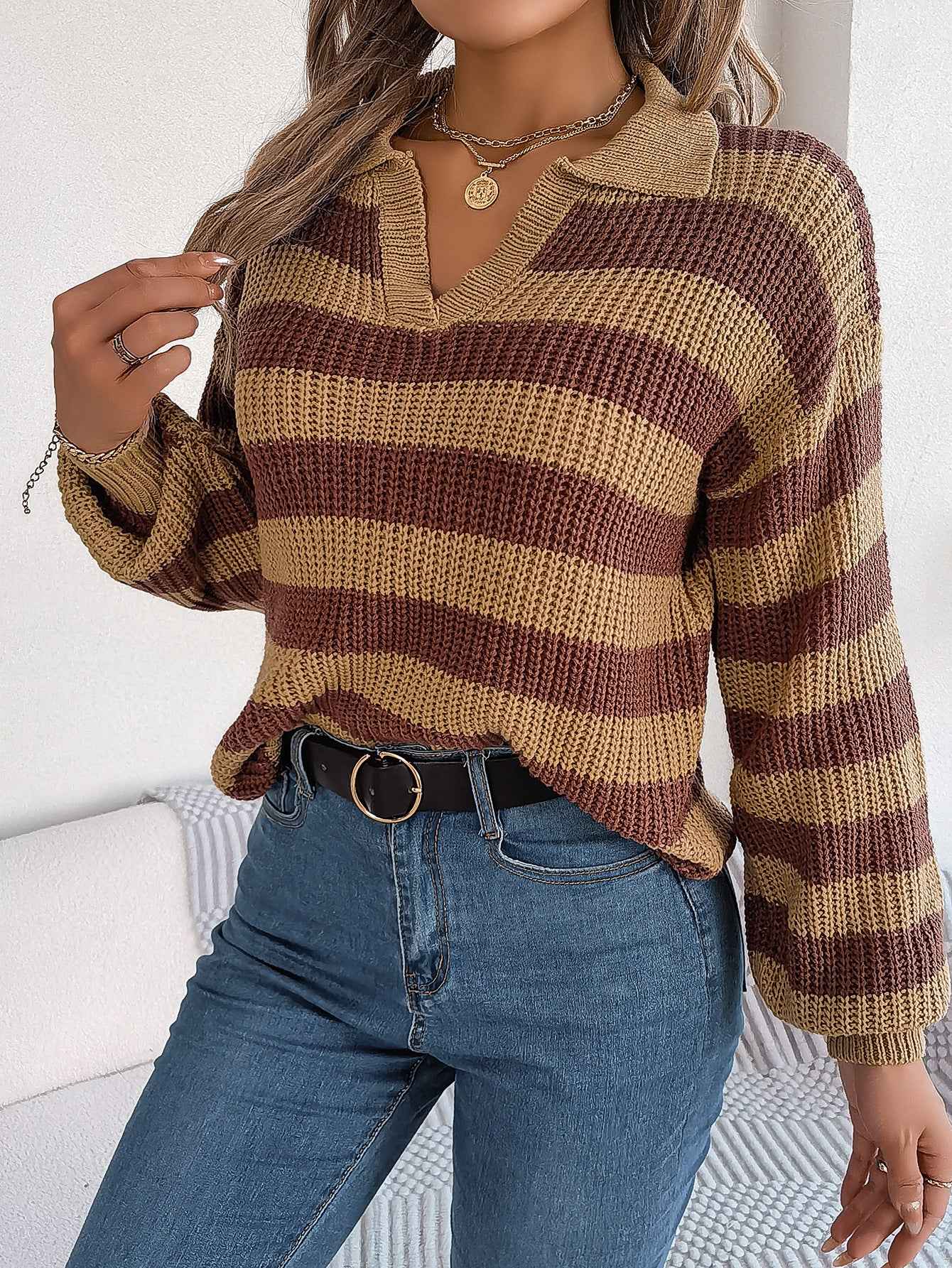 Casual Collar Contrast Color Long Sleeve Knitted Pullover Sweater
