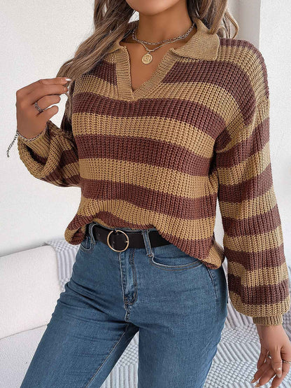 Casual Collar Contrast Color Long Sleeve Knitted Pullover Sweater