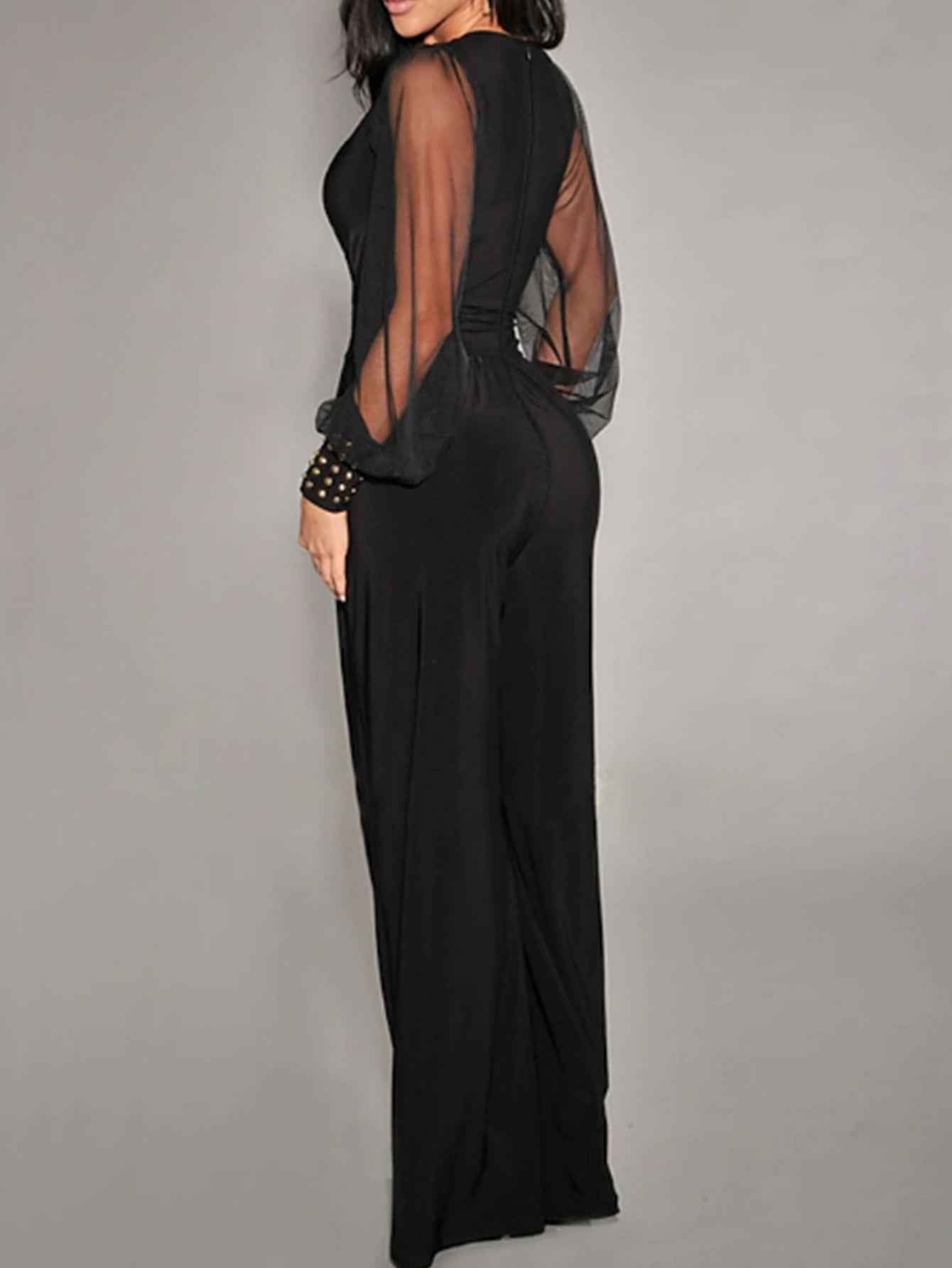 V neck Mesh Stitching Rivet Long Sleeve Loose Jumpsuit