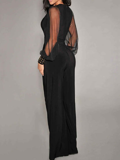 V neck Mesh Stitching Rivet Long Sleeve Loose Jumpsuit