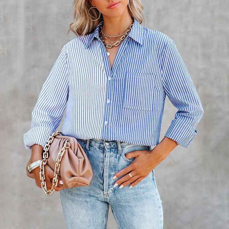 Striped Color Contrast Cardigan Blouse