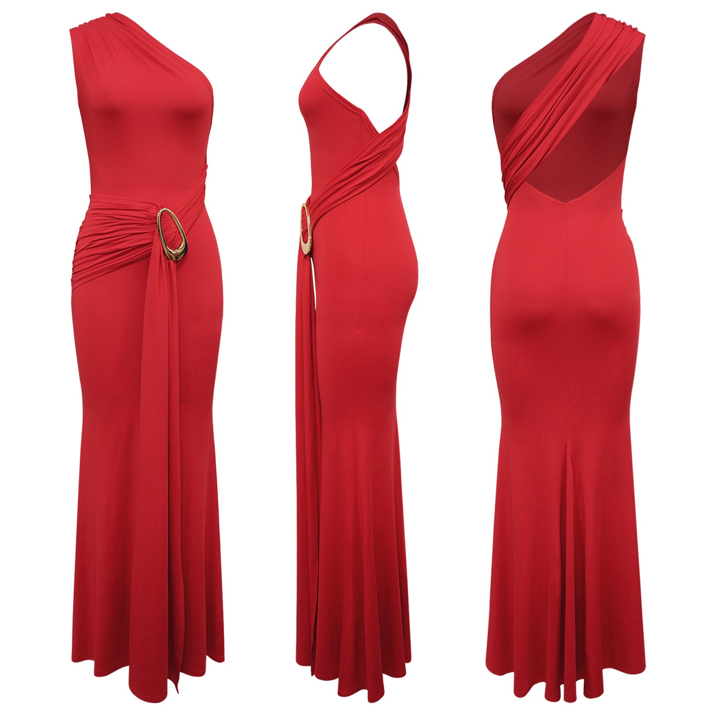 Women Metal Decoration Sexy Backless Dress One Shoulder Slim Dress