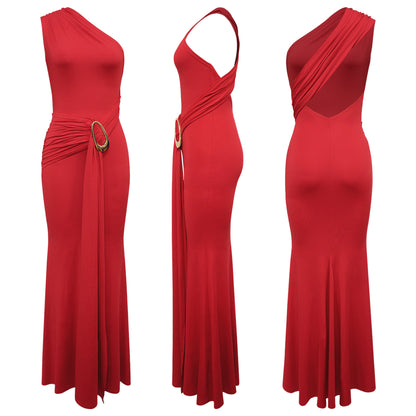 Women Metal Decoration Sexy Backless Dress One Shoulder Slim Dress