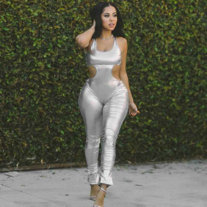 Faux Leather Sexy Cutout Backless Slim Fit Sling Jumpsuit (Medium Only)