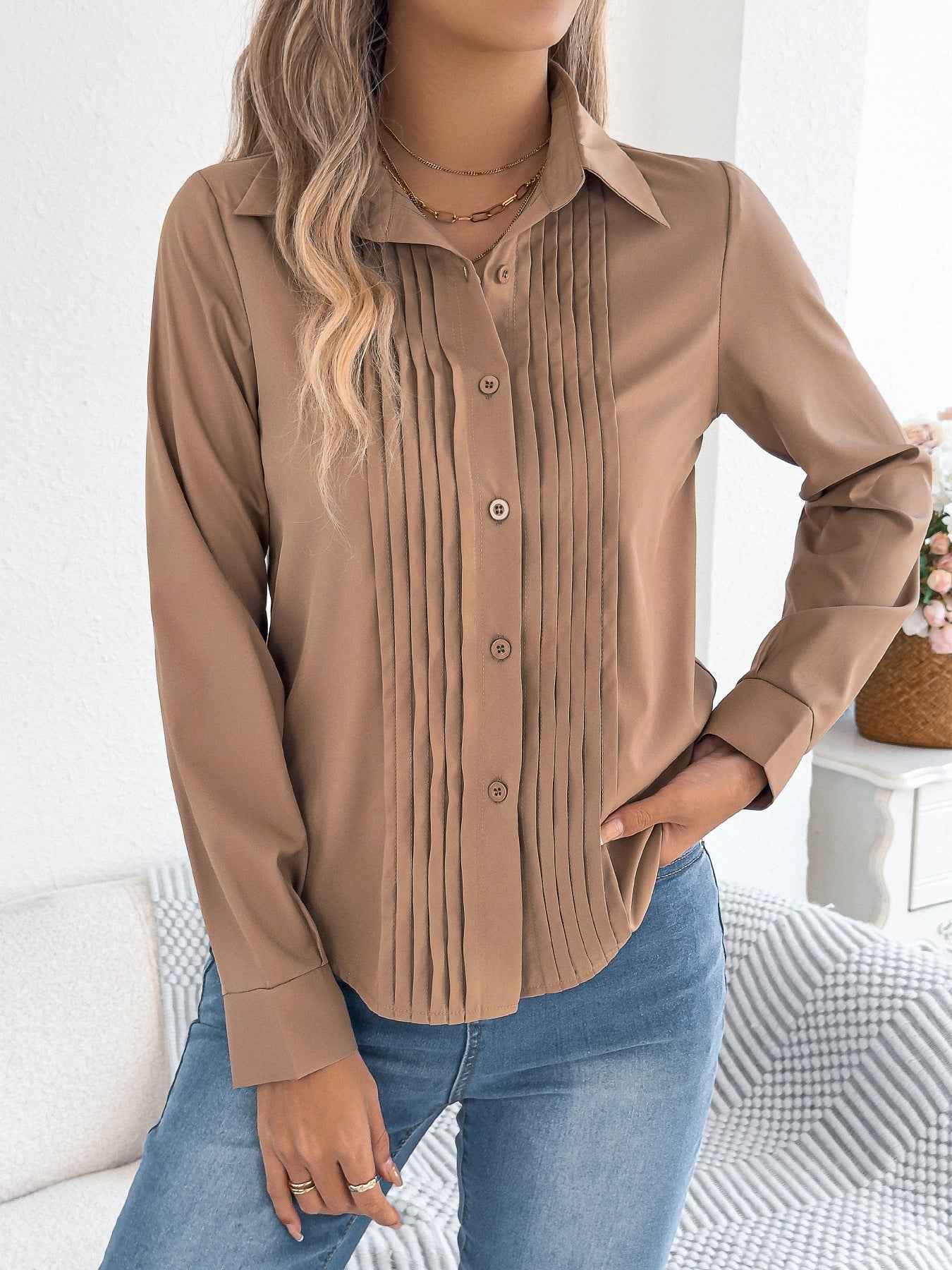 Elegant Pleated Solid Color Button Blouse