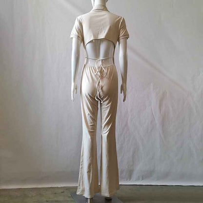 Backless Collared Button Jumpsuit