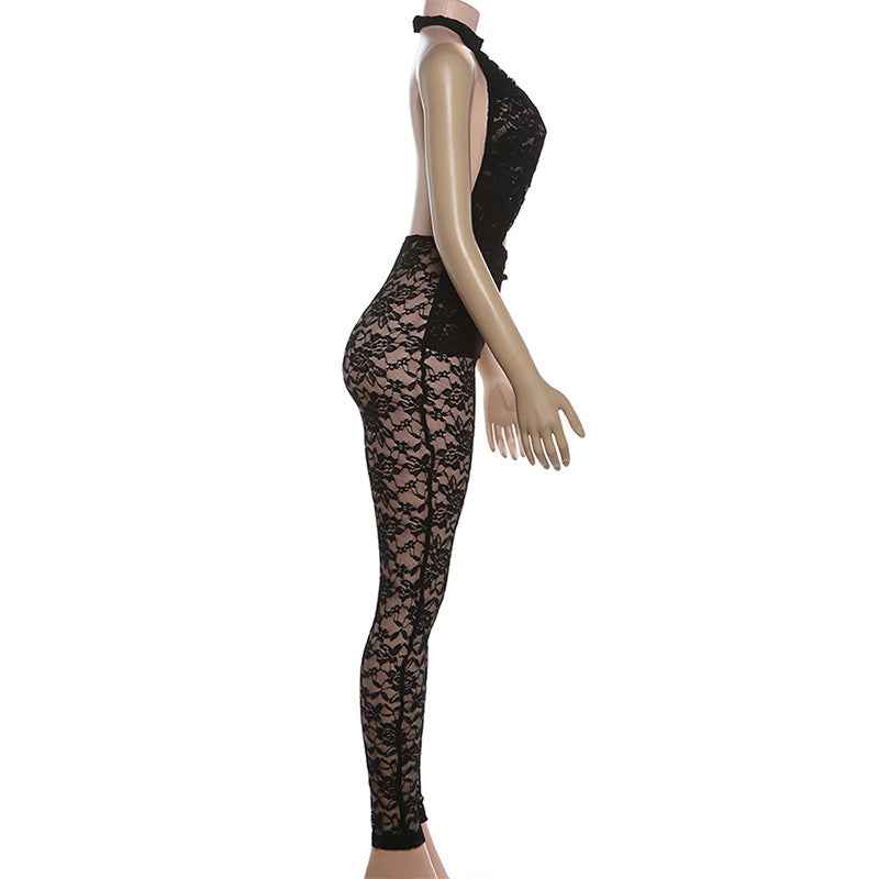 Sexy Lace Stitching Halter Backless Slim Fit Jumpsuit