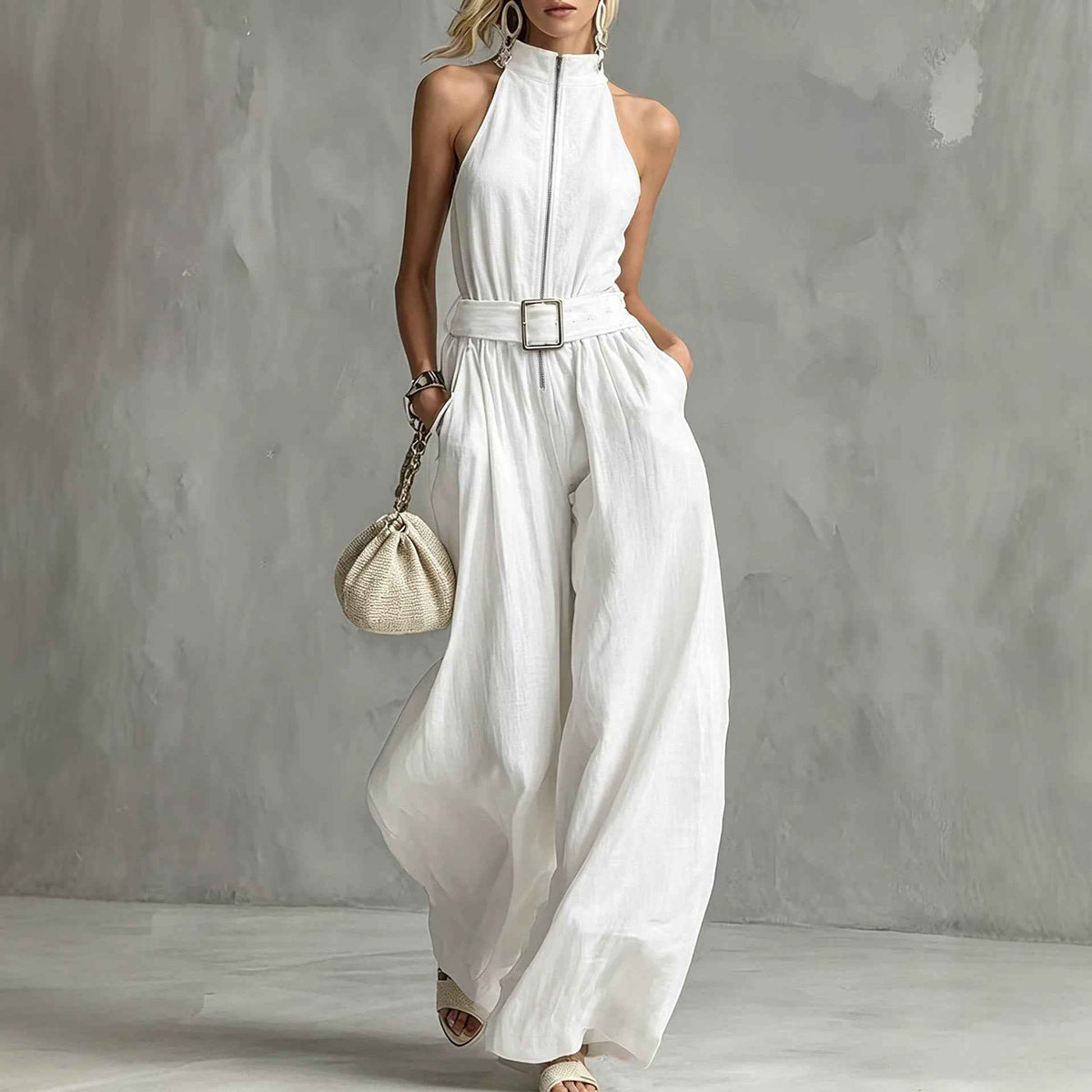 High Grade Quality White Halter Drape Jumpsuit for Women