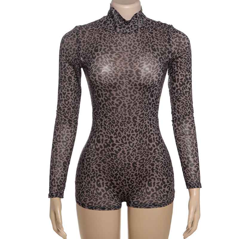 Women's Turtleneck Leopard Print Romper