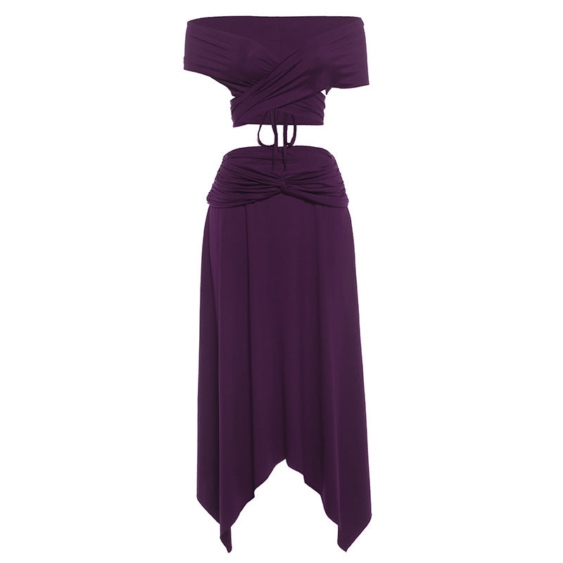 Low Cut Solid Color Irregular Asymmetric Skirt Set MUNSIEUR New Arrivals