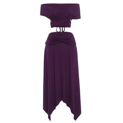 Low Cut Solid Color Irregular Asymmetric Skirt Set MUNSIEUR New Arrivals
