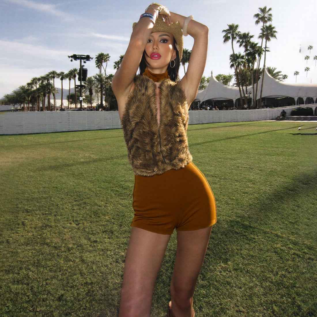 Sexy Fur Stitching Halter Cut out Backless Romper