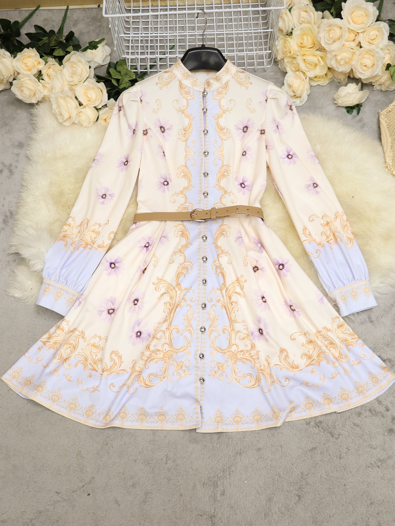 Retro Dress Stand Collar Puff Sleeve A line Dress MUNSIEUR New Arrivals