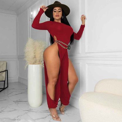 Sexy Open-Leg Jumpsuit Solid Color