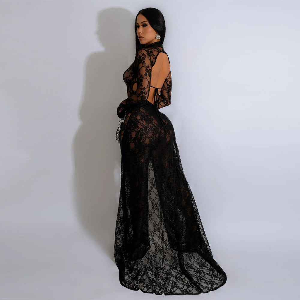 See through Lace Backless Lace up Jumpsuit