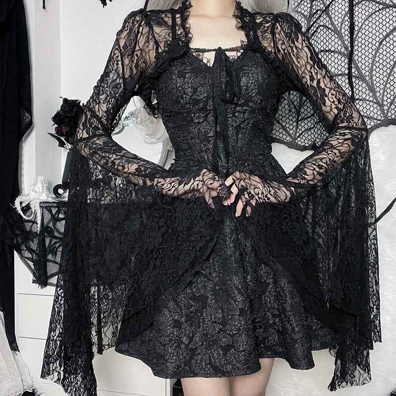 Gothic Classic Lace Cover Ups Women Mesh Crop Top See Through Sexy Flare Sleeve Blouse Y2k Black Rave Outfit Festival