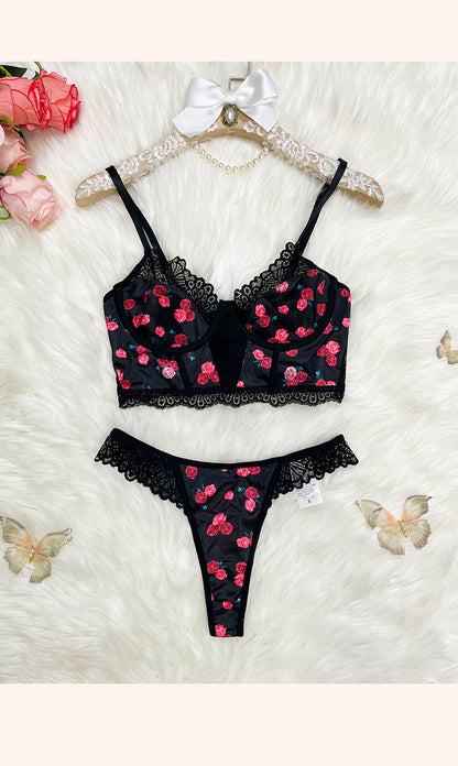 Rose Printed Lace Underwear Set Push up Lingerie