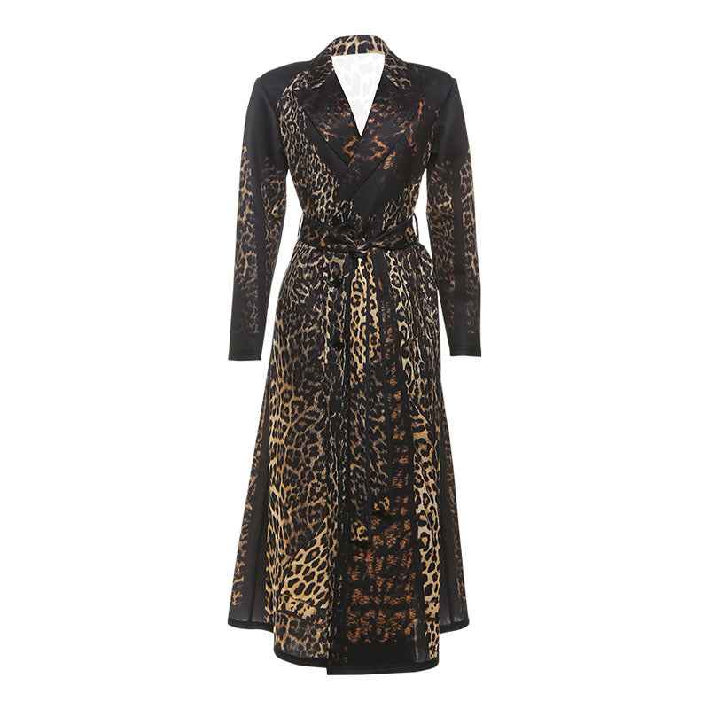 Leopard Pattern print Casual Bandage Trench Jacket