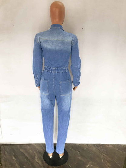 Women's Slim Elastic Band Washed Denim Jumpsuit