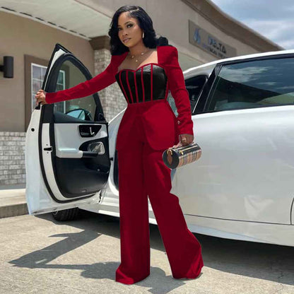 Sexy Waist Trimming Color Contrast Patchwork Jumpsuit