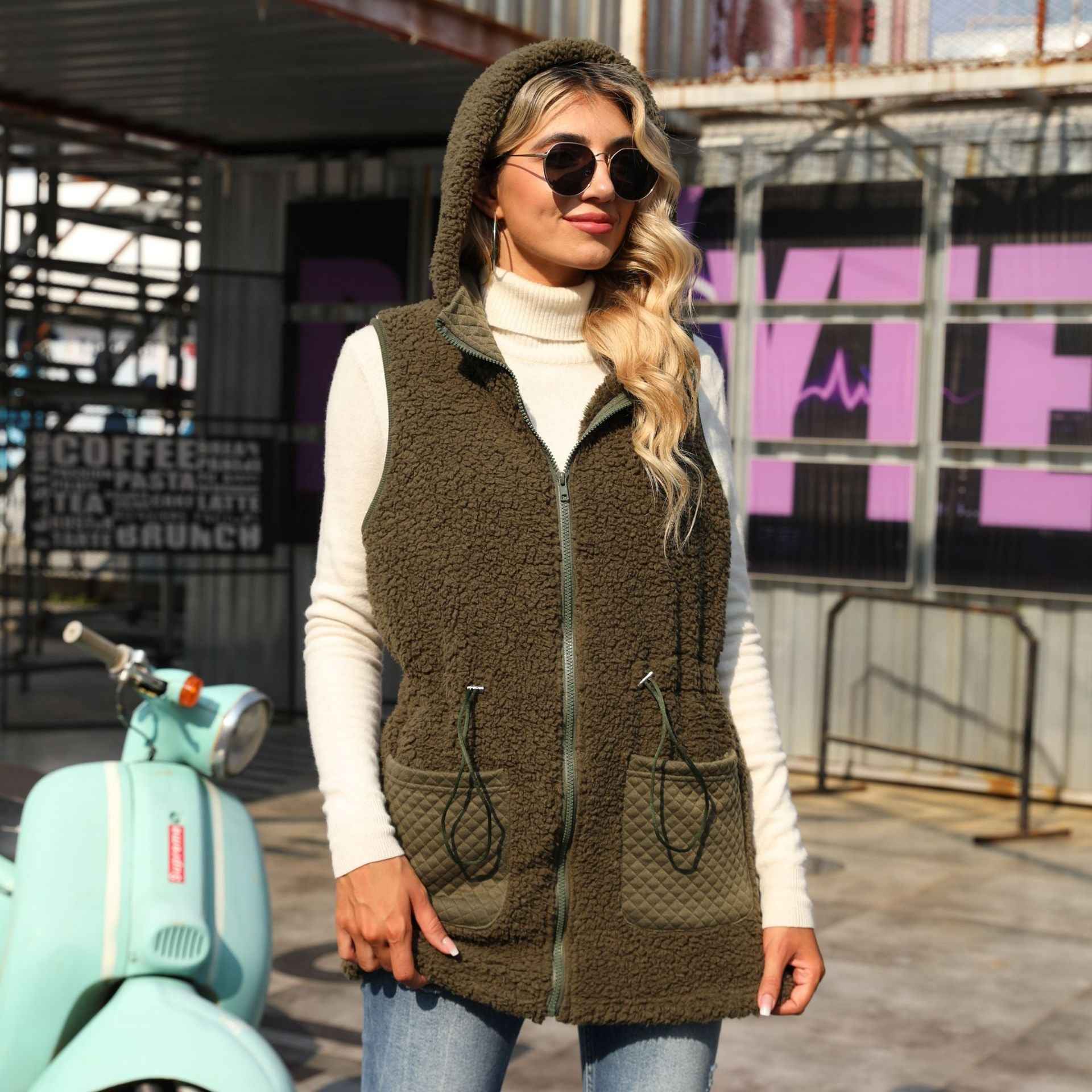 Sleeveless Zipper Mid Length Sweatshirt Solid Color Bubble Velvet Vest
