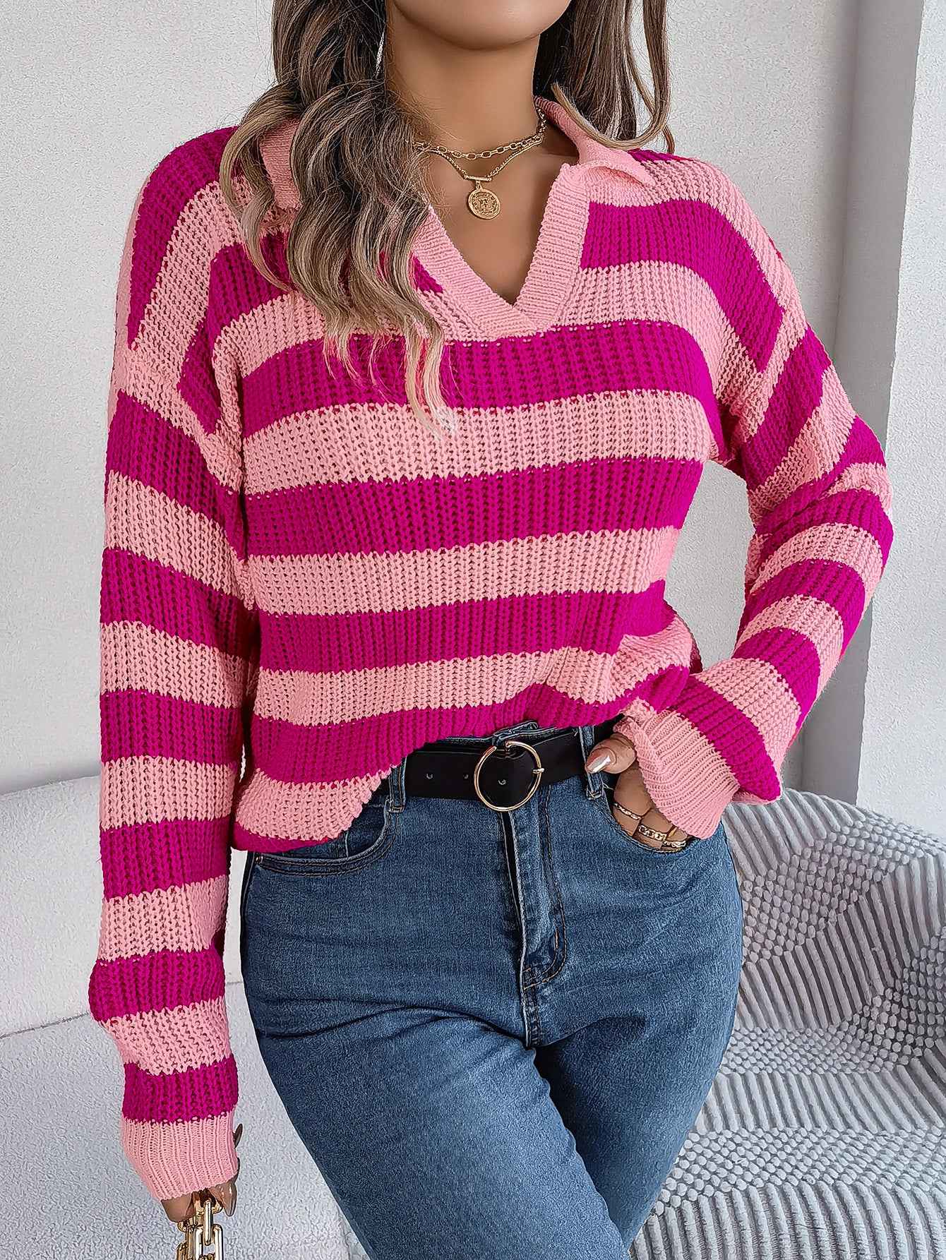 Casual Collar Contrast Color Long Sleeve Knitted Pullover Sweater