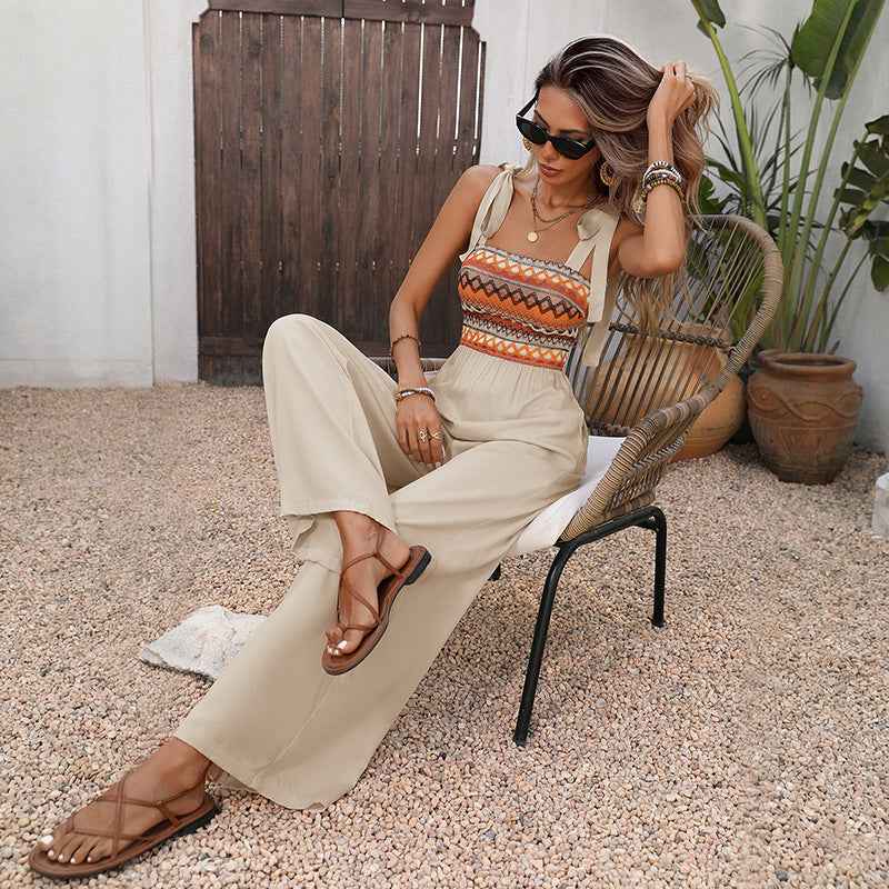 Sling Colored Embroidery Stitching Jumpsuit