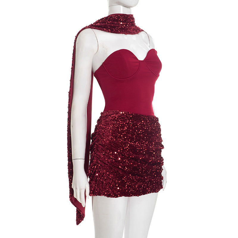 Halter Ribbon Asymmetric Pleated Draped Mini Dress