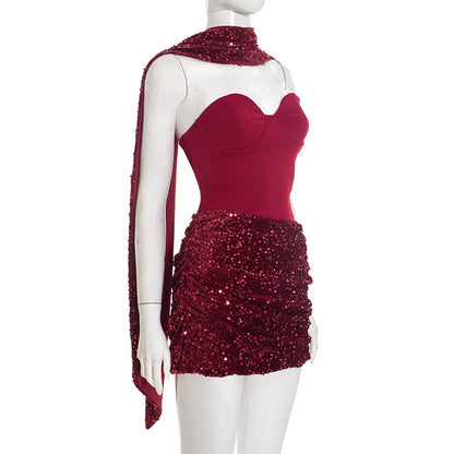Halter Ribbon Asymmetric Pleated Draped Mini Dress