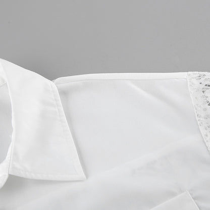 Lace Stitching Hollow Out Long Sleeve Collared Blouse