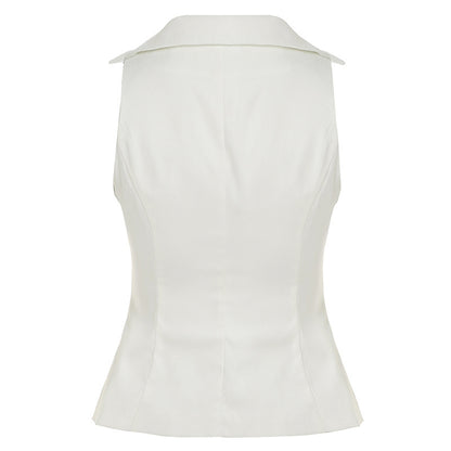 Polo Collar Solid Color V neck Sleeveless Blouse