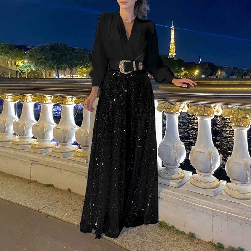 Long Sleeve Elegant Waist Slimming Sequined Jumpsuit