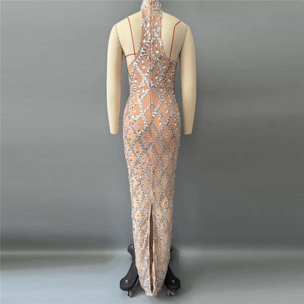 Rhinestone Halter Sleeveless Floor Dress