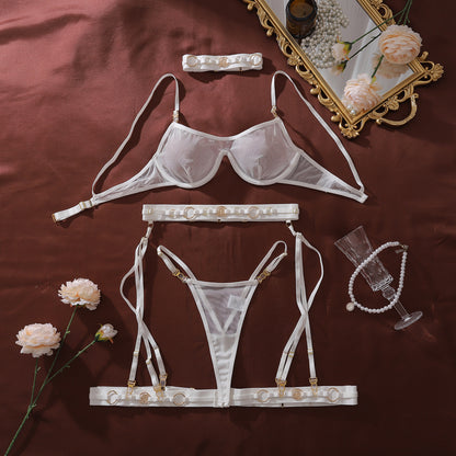 Heavy Craft Metallic Decorative Button Mesh See through Lingerie set MUNSIEUR