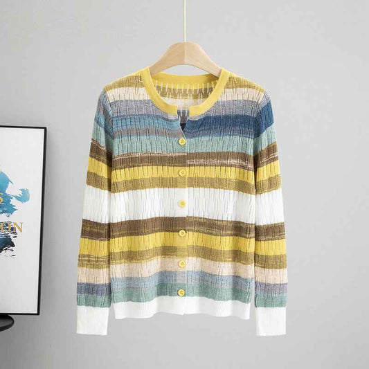 Striped Long Sleeved Loose Knitted Cardigan Sweater